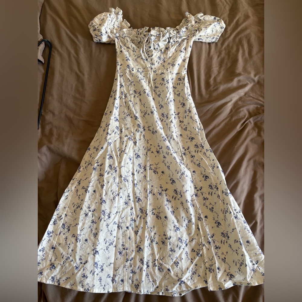Miss Circle Floral Cream and Blue Short-Sleeve A-Line Dress